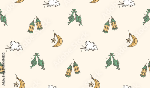 Ramadan doodle background. Eid al fitr doodle pattern background. Eid mubarak seamless pattern with lantern, crescent moon, sky, ketupat doodle illustration. Ramadan hand drawn background.