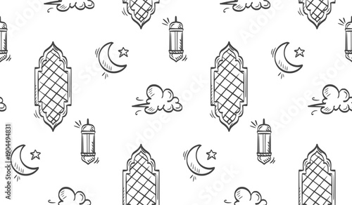 Ramadan doodle background. Eid al fitr doodle pattern background. Eid mubarak seamless pattern with lantern, crescent moon, sky, window, cloud doodle illustration. Ramadan hand drawn background.