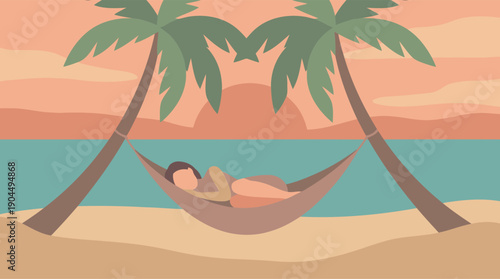 Relaxed man in hammock between palm trees on tropical beach at sunset, cartoon style view of water and sky with daffodil motif and relaxation