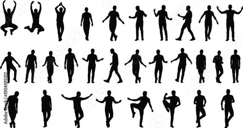 Human movement silhouettes set showing male figures dancing walking jumping expressive body language isolated on white background illustration