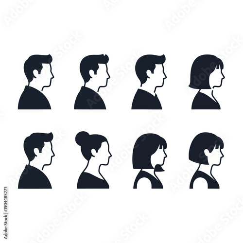 Eight silhouettes depicting various hairstyles and haircuts for both men and women