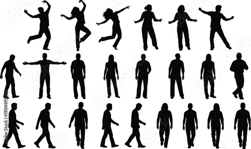 Human silhouettes collection isolated on white background people walking standing jumping dancing poses black vector illustration set