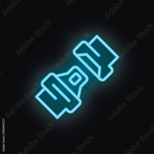 Glowing neon blue icon of a seat belt buckle on a black background