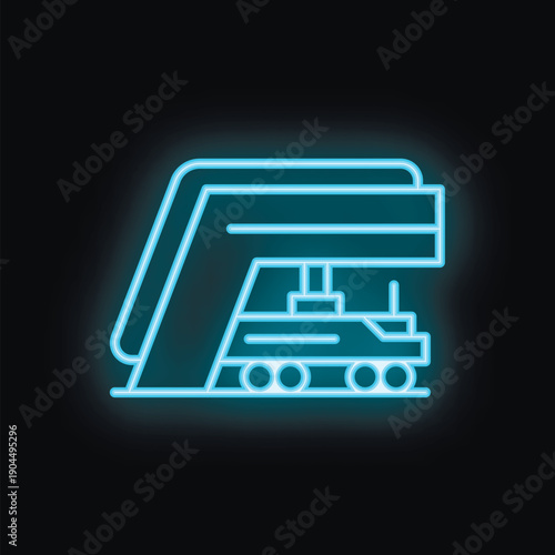 Blue glowing neon line passenger boarding bridge icon isolated on black background
