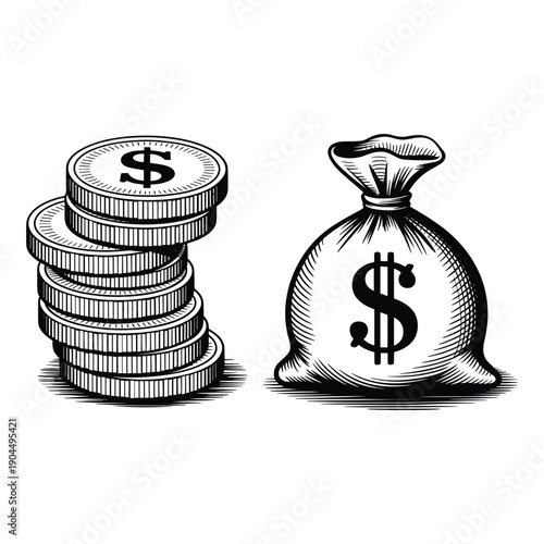 Illustration of a stack of coins and a bag of money with dollar signs. isolated on white background, Vector
