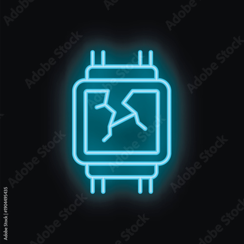 Blue neon icon of a damaged microchip cpu representing broken hardware, failure, and repair
