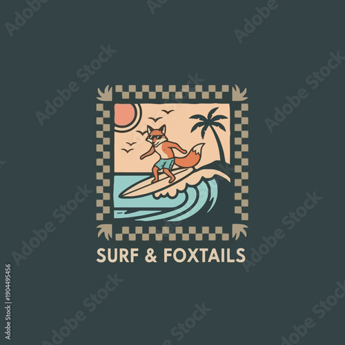 Sticker Anthropomorphic fox character surfing a wave on a surfboard.