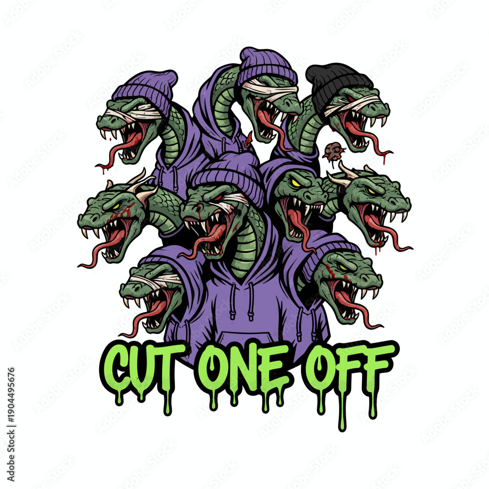 Fototapeta premium Hydra Heads in Hoodies with Cut One Off Text.