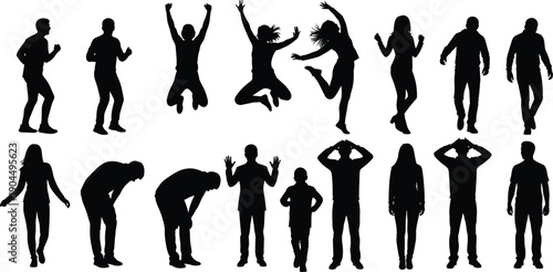 People silhouettes collection isolated on white background human jumping dancing standing walking poses black vector illustration set lifestyle motion concept