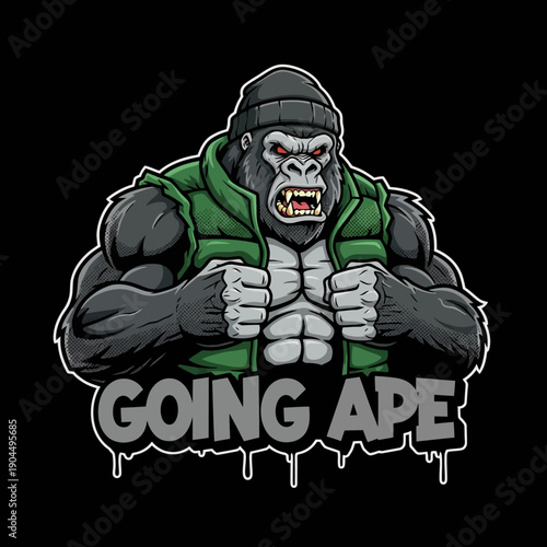 Muscular Gorilla Wearing Beanie and Vest with Going Ape Text.
