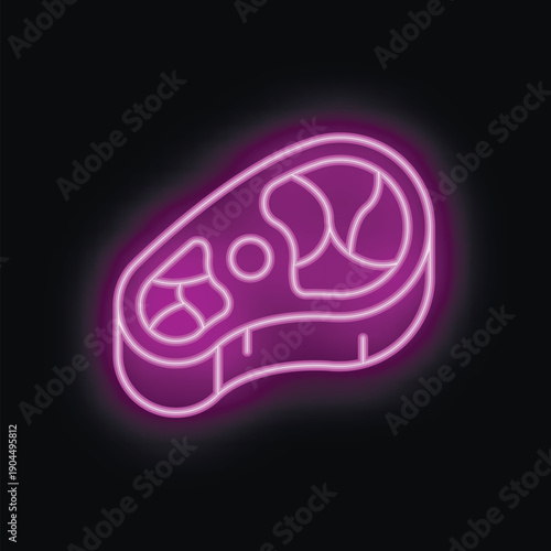 Neon sign representing a t bone steak glowing with purple light on a black background