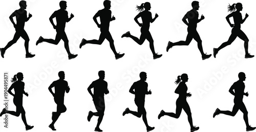 Running people silhouettes set showing male and female joggers fitness training exercise motion isolated on white background illustration