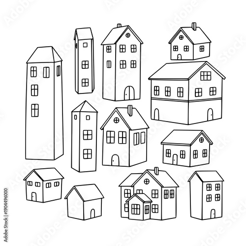 Hand drawn doodle house outline vector set with varied sizes in black and white