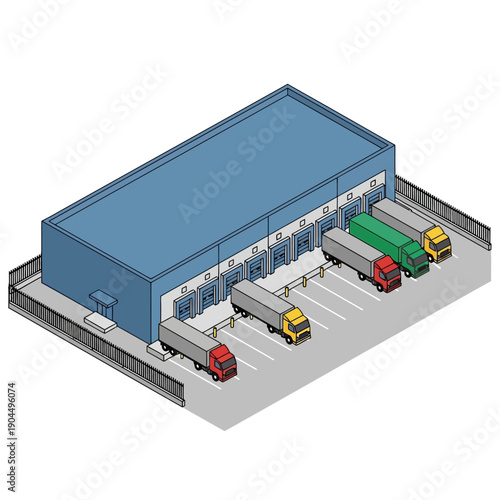 Warehouse with trucks parked at loading docks in an industrial setting.