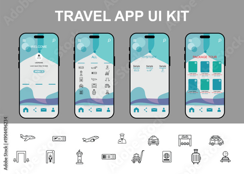 Vector design for UI UX Online Flight booking tour and travel mobile app layout