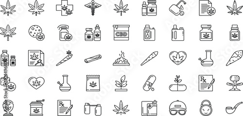 Cannabis and Medical Marijuana Outline Icon Set with CBD Products, Hemp Leaves, Smoking Accessories, Pharmacy, and Wellness Symbols