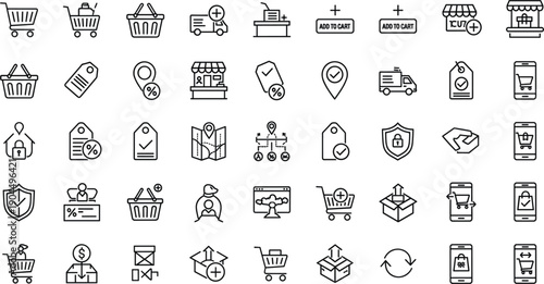 E Commerce Line Icon Set with Shopping Cart, Add to Cart, Delivery, Discount, Security, Store, and Checkout Symbols for Web and Mobile Interface Design