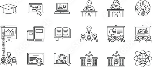 PrintEducation Line Icon Set with Online Learning, Classroom Teaching, Students, Knowledge, Training, and Academic Institution Symbols for Web and App Design
