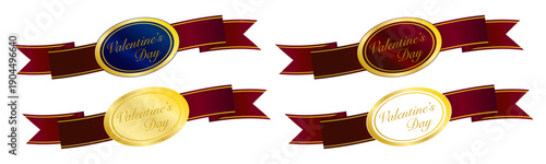 左右に広がる赤いサテンリボンと円形ゴールドバッジのバレンタイン装飾ラベルコレクション