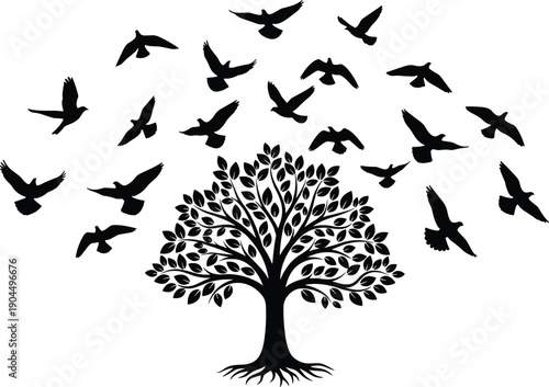 Tree silhouette with flying birds symbolizing freedom nature growth life harmony ecology isolated on white background minimalist illustration