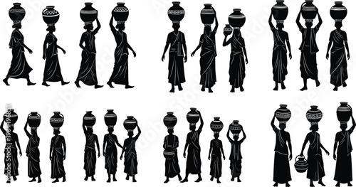 Traditional village women silhouettes carrying water pots on head rural lifestyle culture daily life illustration isolated white background