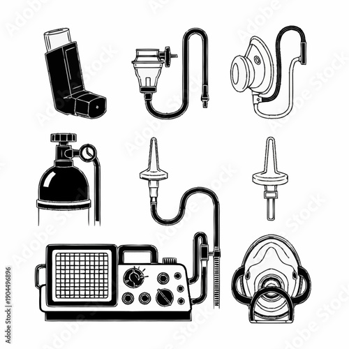 Collection of Medical Respiratory Equipment Illustrations.