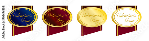 紺・赤・ゴールド・白の丸型バッジが並ぶ上品で格式あるバレンタインデー記念メダルセット