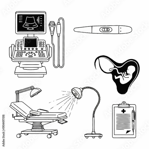 Medical Ultrasound Equipment and Pregnancy Symbols Collection.