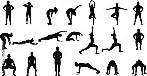 Yoga and fitness pose silhouettes showing stretching balance strength workout exercise routine isolated on white background healthy lifestyle illustration