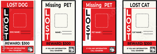 Lost pet posters reward vector illustration flat design missing dog cat flyer template scalable art