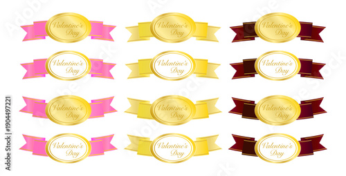 ピンクやワインレッド、ゴールドのリボン付き金メダルが並ぶバレンタインセール向けラベル素材集