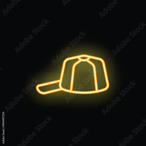 Yellow neon sign representing a cap with a curved peak, glowing on a black background