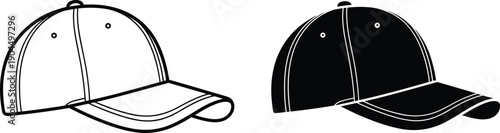 Baseball cap silhouette and outline vector illustration set showing curved brim, stitching, ventilation holes, fashion, clothing, sports, and design.