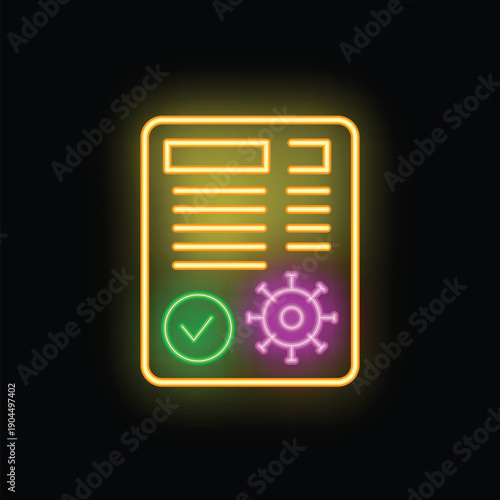 Glowing neon icon representing a medical test result document, featuring a virus and a check mark