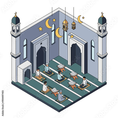 Isometric illustration of a mosque interior with people praying during Ramadan.