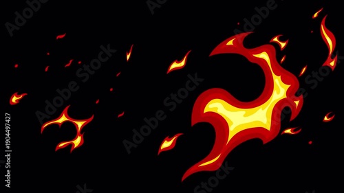 Dynamic Cartoon Fire Animation with Glowing Embers on Black Background.