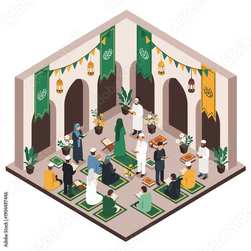 Muslims gathered for prayer in a decorated mosque during Ramadan.