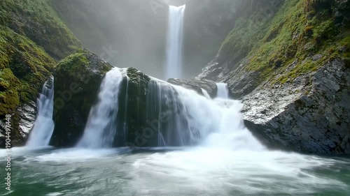 Wallpaper Mural Cascading waterfall in misty mountain setting. Lush green moss-covered rocks frame the flowing water Torontodigital.ca
