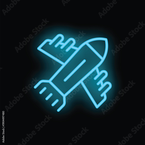 Neon blue airplane icon glowing against a black background, representing concepts of travel, aviation, and transportation