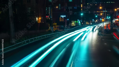 Wallpaper Mural Night city street with turquoise light trails from moving vehicles Torontodigital.ca