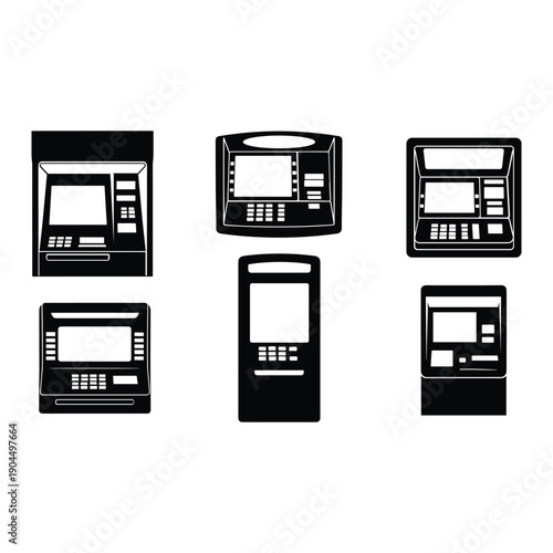 A collection of various types of atms and card machines in a row. isolated on white background, Vector