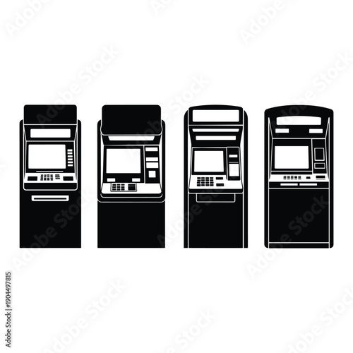 Four different types of atms standing next to each other in a row. isolated on white background, Vector
