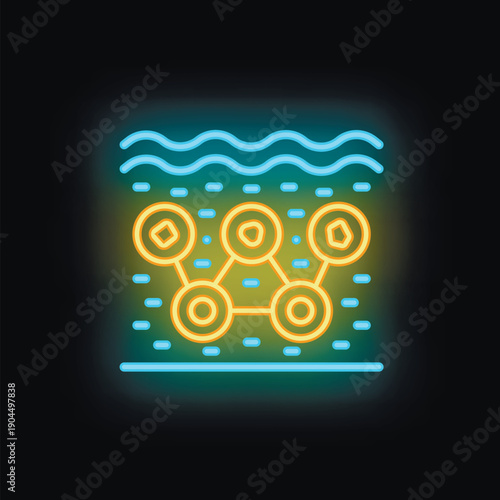 Neon glowing symbol of offshore platform extracting minerals from seabed