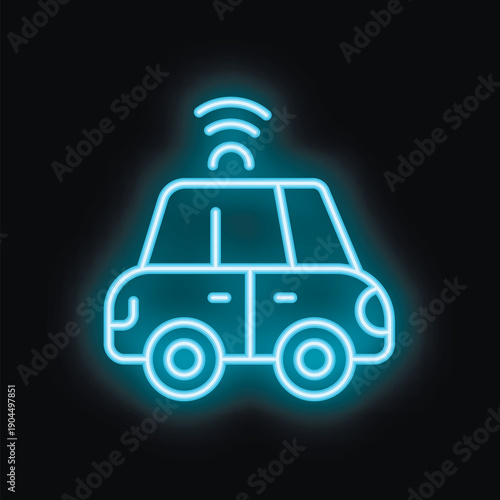 Blue neon glowing icon of a smart car sending data through wifi signal on a black background