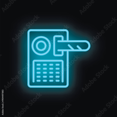 Blue neon icon of a parking meter accepting a credit card payment on a black background