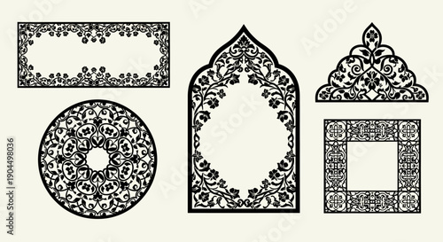 Islamic decorative arch frame illustration inspired by traditional geometric ornamentation and architectural heritage found in classical Islamic art. The design represents symmetry, spirituality, and 