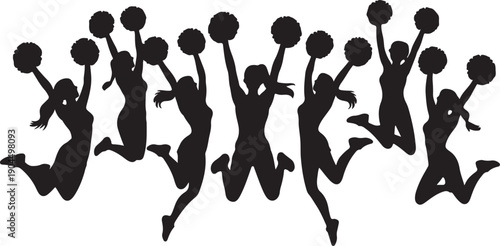 Black Cheerleaders Jumping and Dancing with Pom Poms Silhouette Vector, black and white silhouette, vector and illustration	