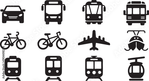 Black Transportation Silhouette Icon Set Flat Vector Illustration, black and white silhouette, vector and illustration	