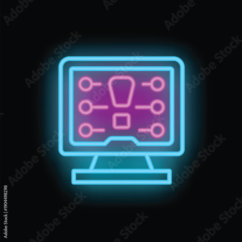 Vibrant neon icon depicting a computer displaying a microchip and circuit board, symbolizing technological innovation
