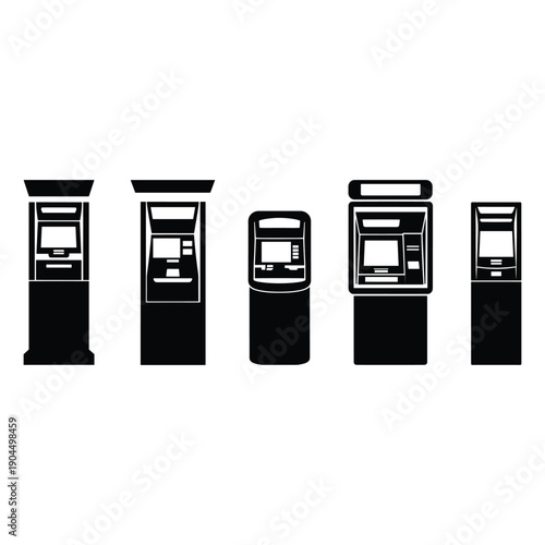 Five different types of atms lined up in a row, each with unique designs and features. isolated on white background, Vector